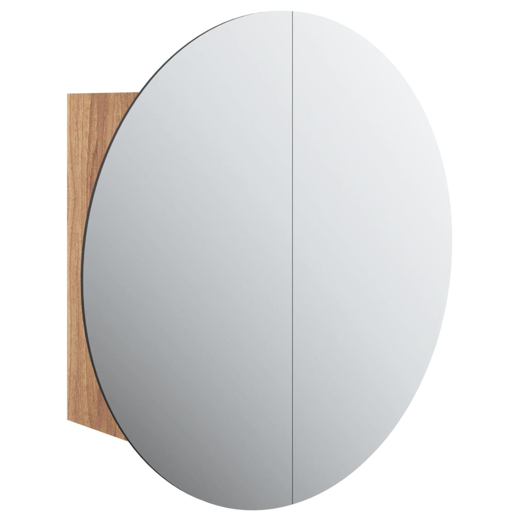 badeværelsesskab med rundt spejl og LED-lys 40x40x17,5cm egetræ