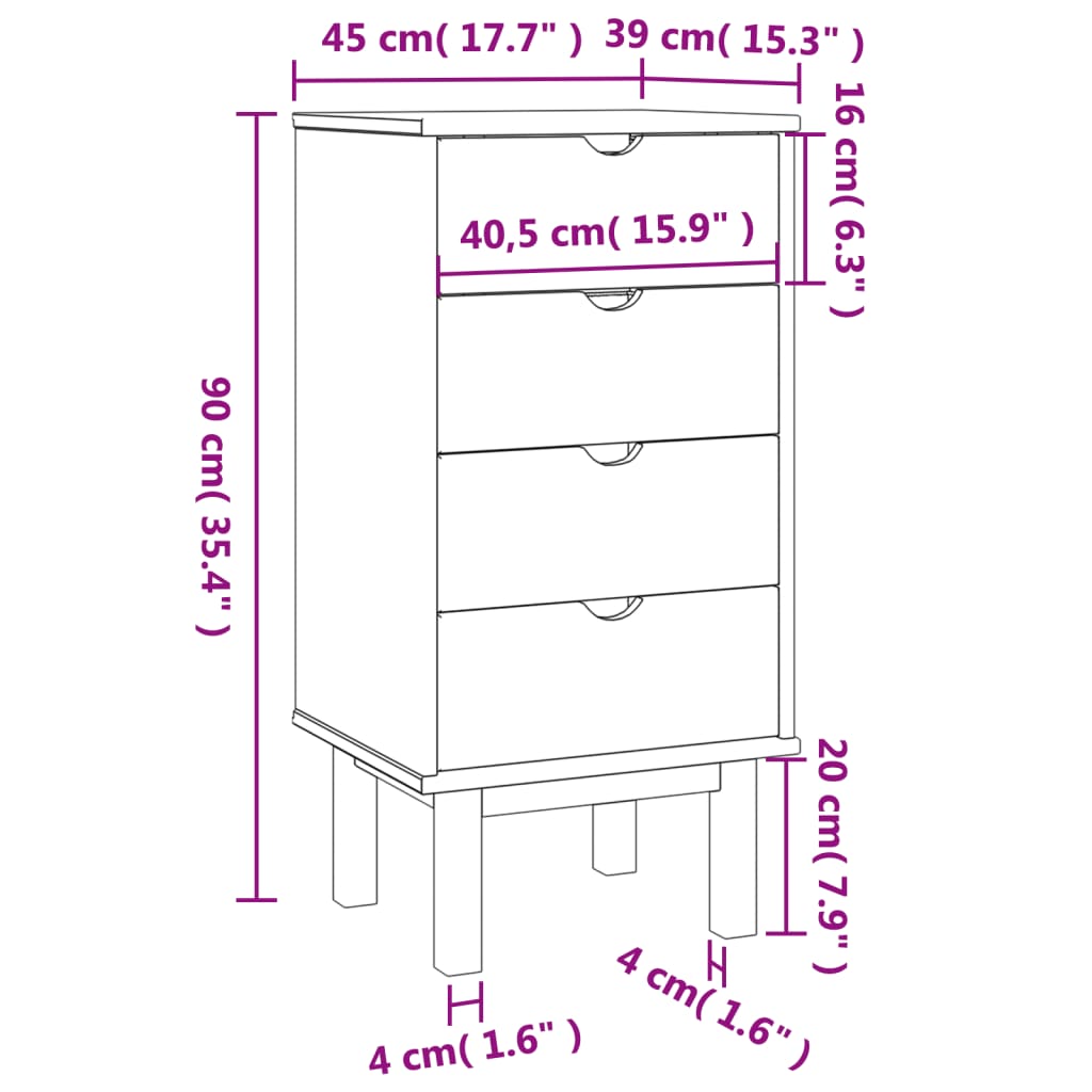 kommode OTTA 45x39x90 cm massivt fyrretræ brun og grå