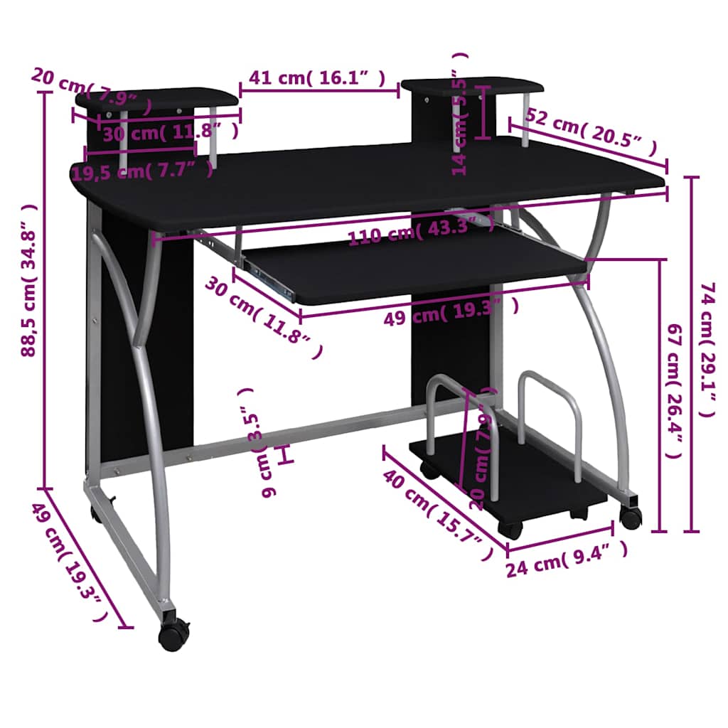 computerbord 110x52x88,5 cm konstrueret træ sort