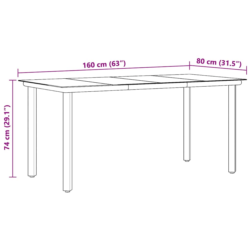 havebord 160x80x74 cm stål og hærdet glas sort