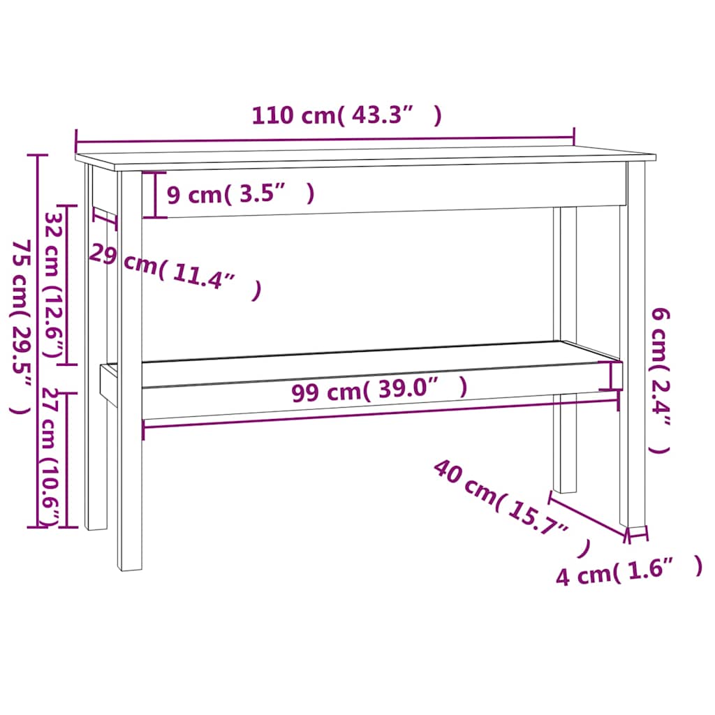 konsolbord 110x40x75 cm massivt fyrretræ
