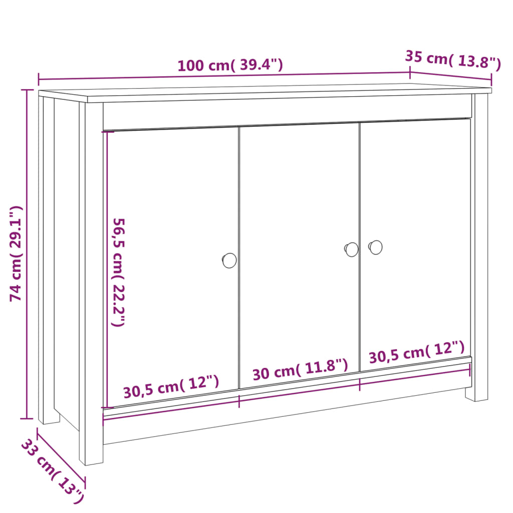 skænk 100x35x74 cm massivt fyrretræ grå