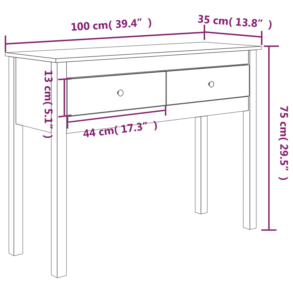 konsolbord 100x35x75 cm massivt fyrretræ hvid