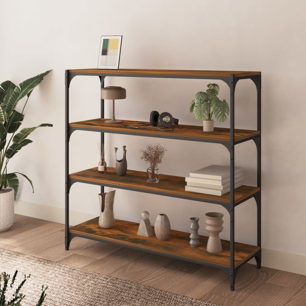 bogreol 100x33x100 cm konstrueret træ og stål røget egetræ