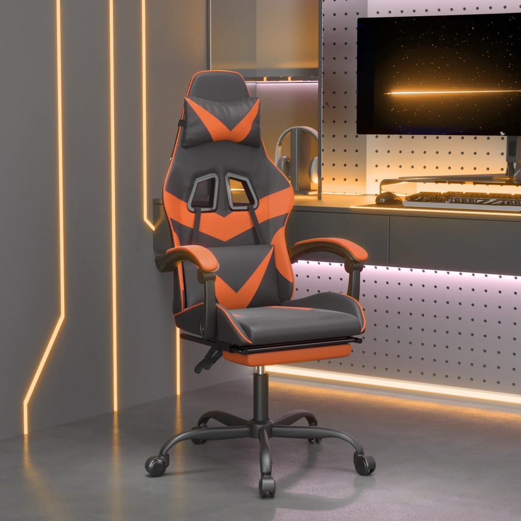 drejelig gamingstol med fodstøtte kunstlæder sort og orange