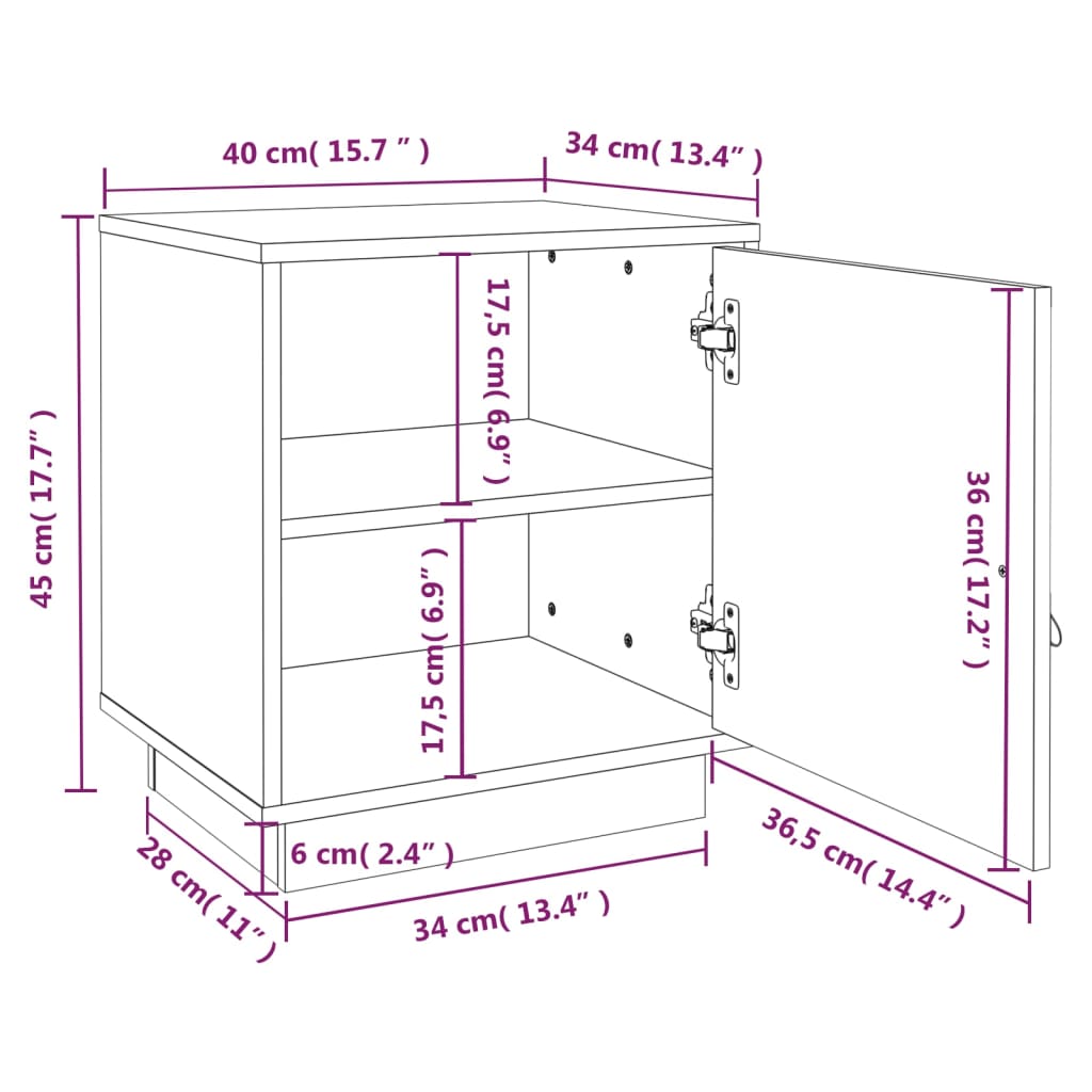 sengebord 40x34x45 cm massivt fyrretræ hvid