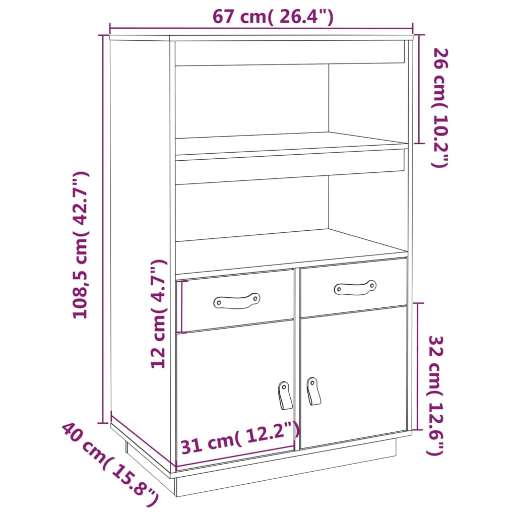 højskab 67x40x108,5 cm massivt fyrretræ