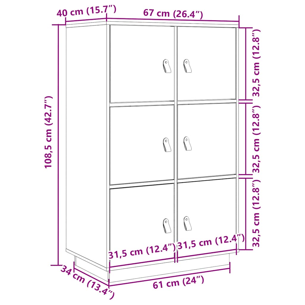 højskab 67x40x108,5 cm massivt fyrretræ hvid