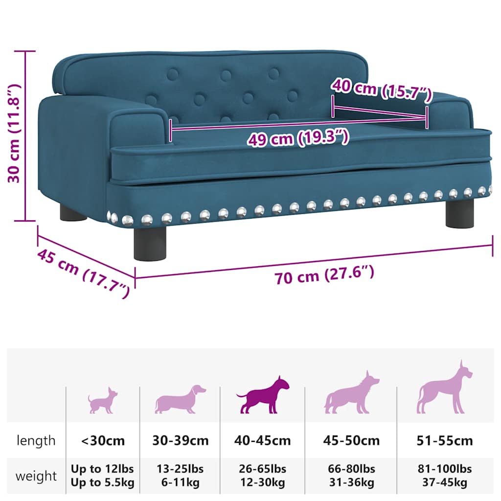 hundeseng 70x45x30 cm velour blå
