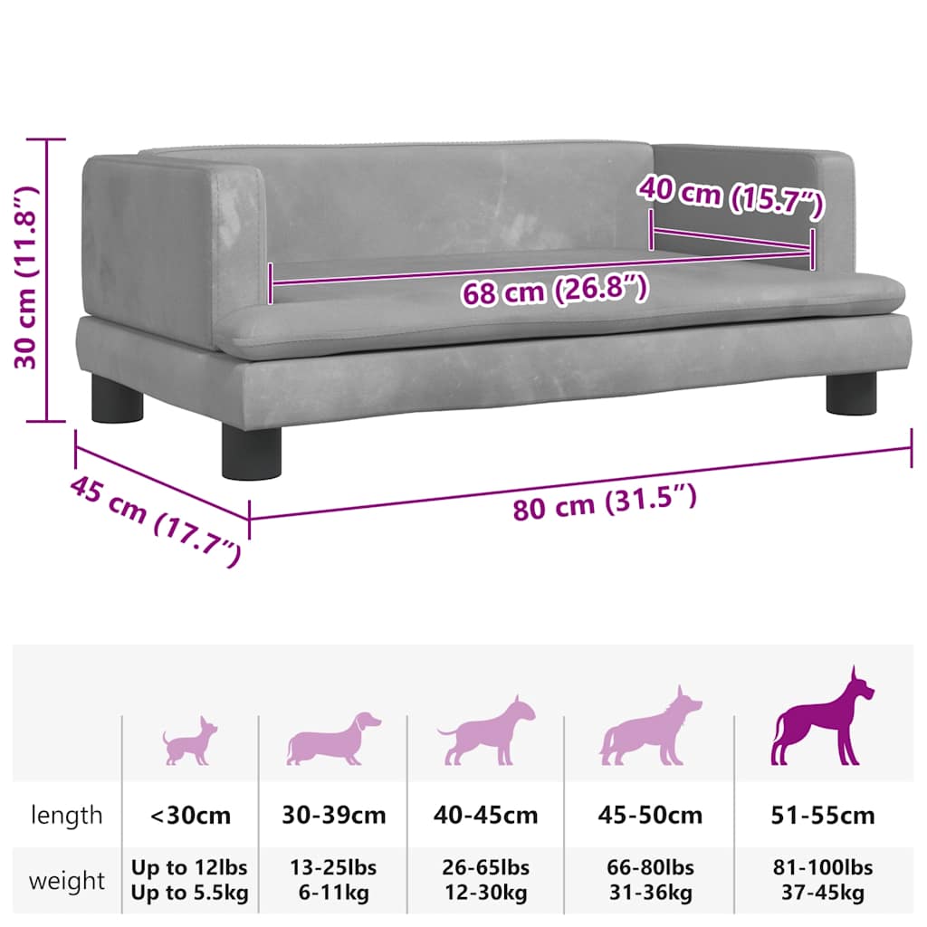 hundeseng 80x45x30 cm velour lysegrå