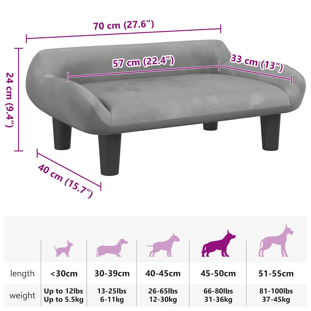 hundeseng 70x40x24 cm velour lysegrå