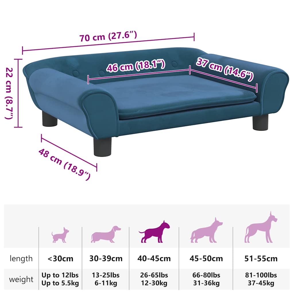hundeseng 70x48x22 cm velour blå