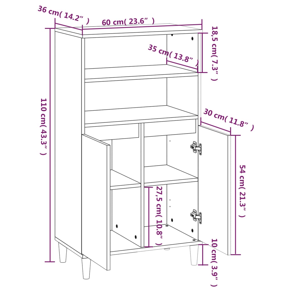 skab 60x36x110 cm konstrueret træ hvid