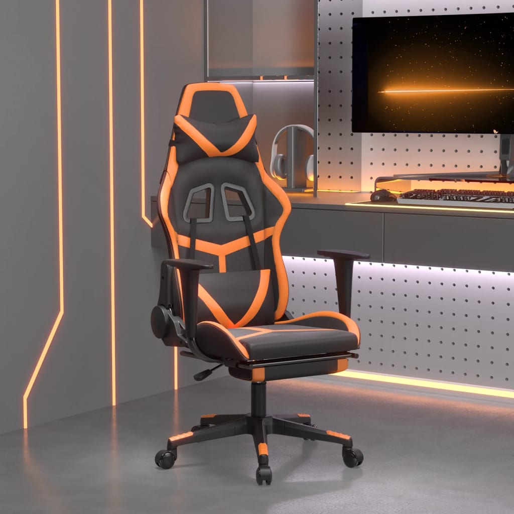 gamingstol med fodstøtte kunstlæder sort og orange