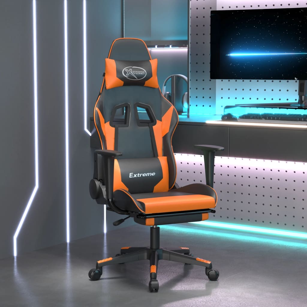 gamingstol med fodstøtte kunstlæder sort og orange