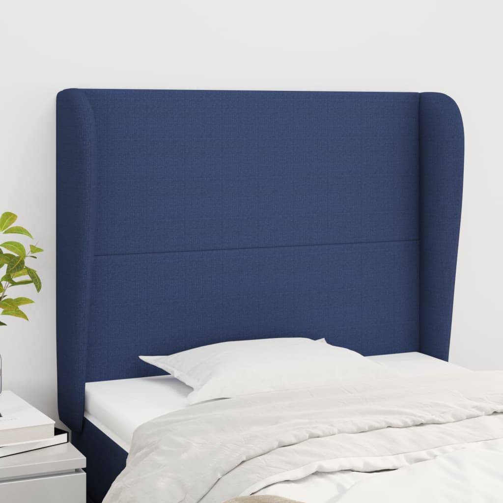 sengegavl med kanter 83x23x118/128 cm stof blå