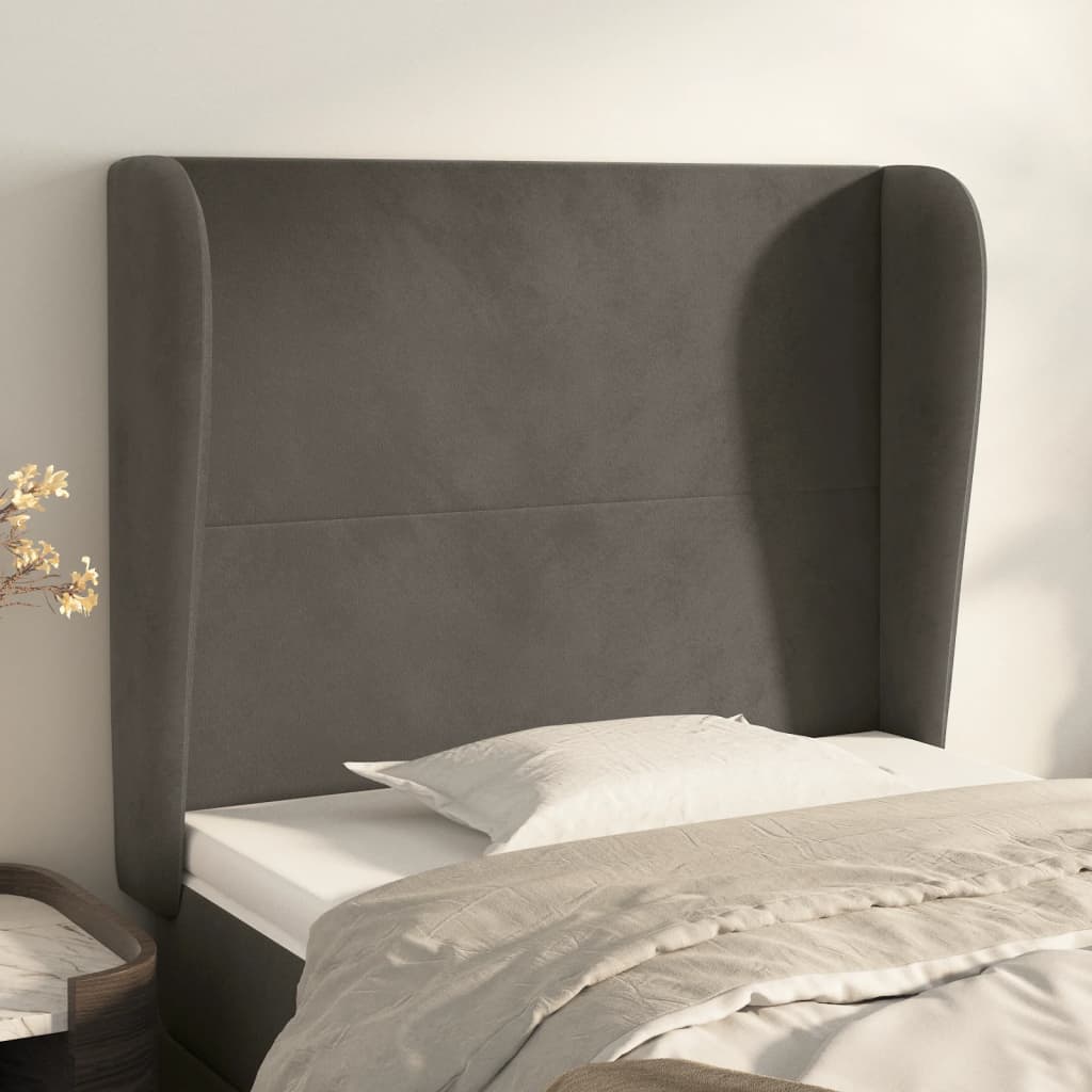 sengegavl med kanter 83x23x118/128 cm fløjl mørkegrå
