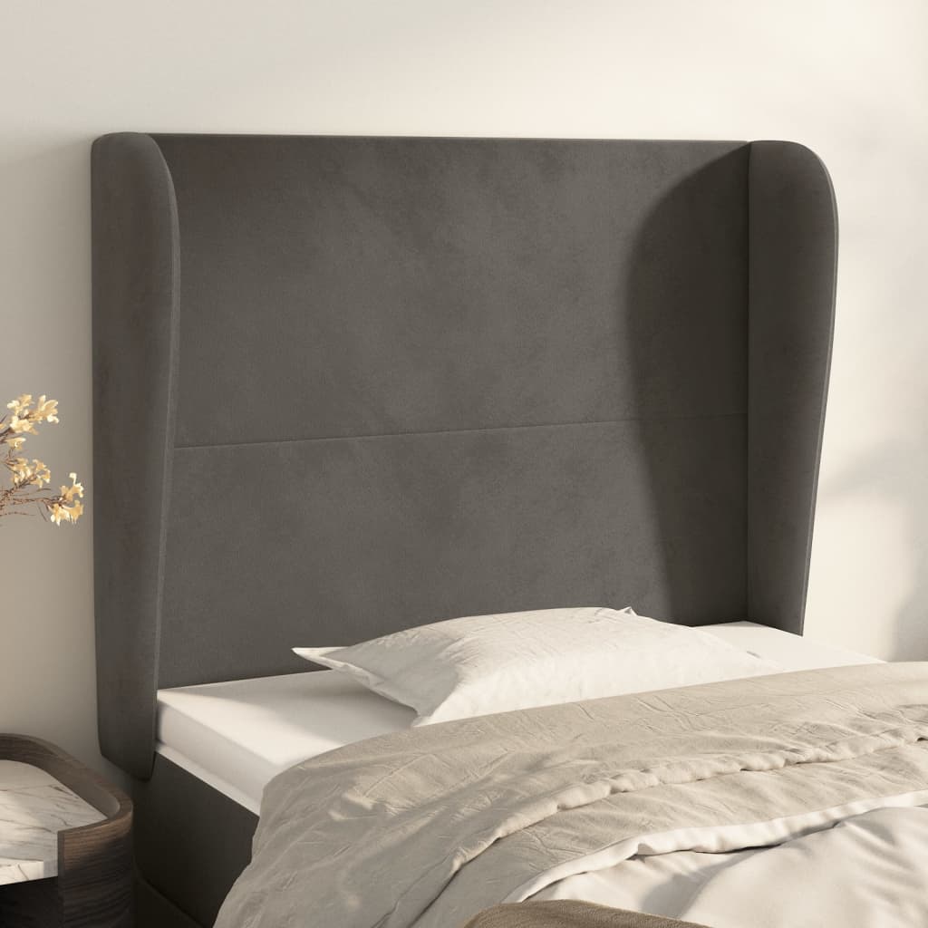 sengegavl med kanter 103x23x118/128 cm fløjl mørkegrå