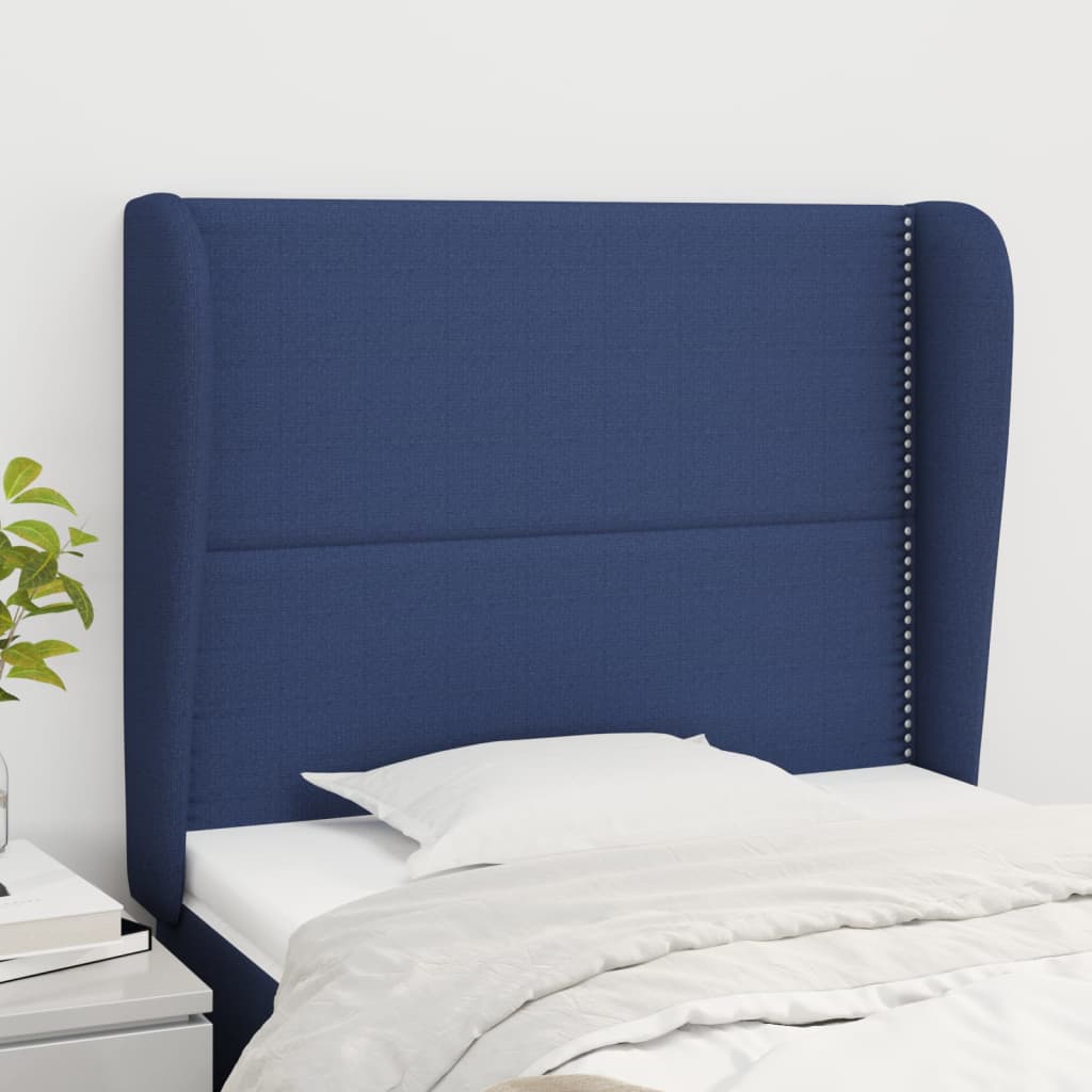 sengegavl med kanter 93x23x118/128 cm stof blå