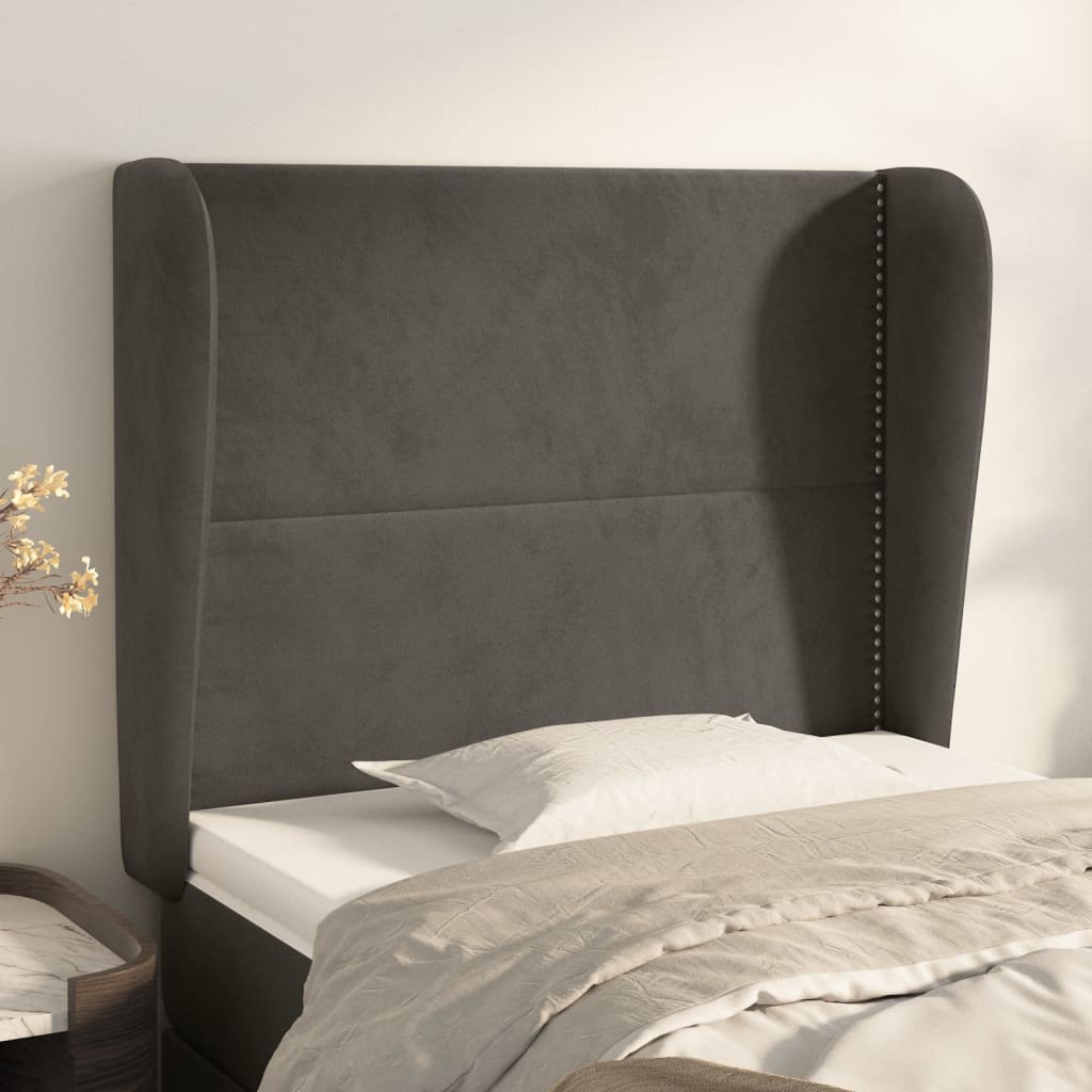 sengegavl med kanter 93x23x118/128 cm fløjl mørkegrå