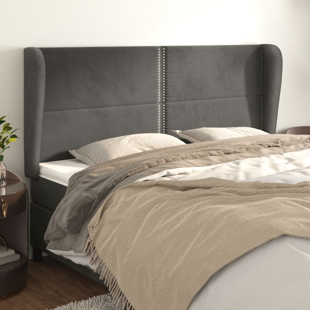 sengegavl med kanter 183x23x118/128 cm fløjl mørkegrå