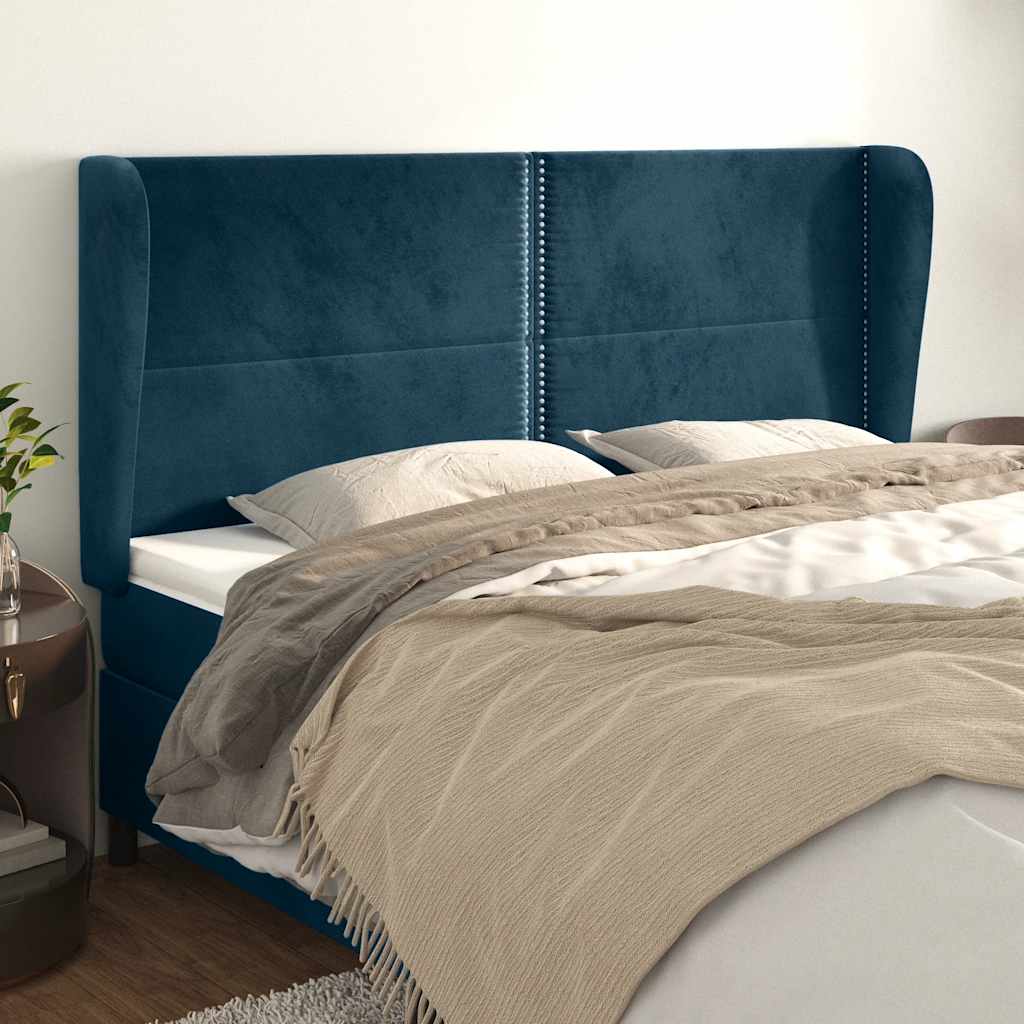 sengegavl med kanter 203x23x118/128 cm fløjl mørkeblå