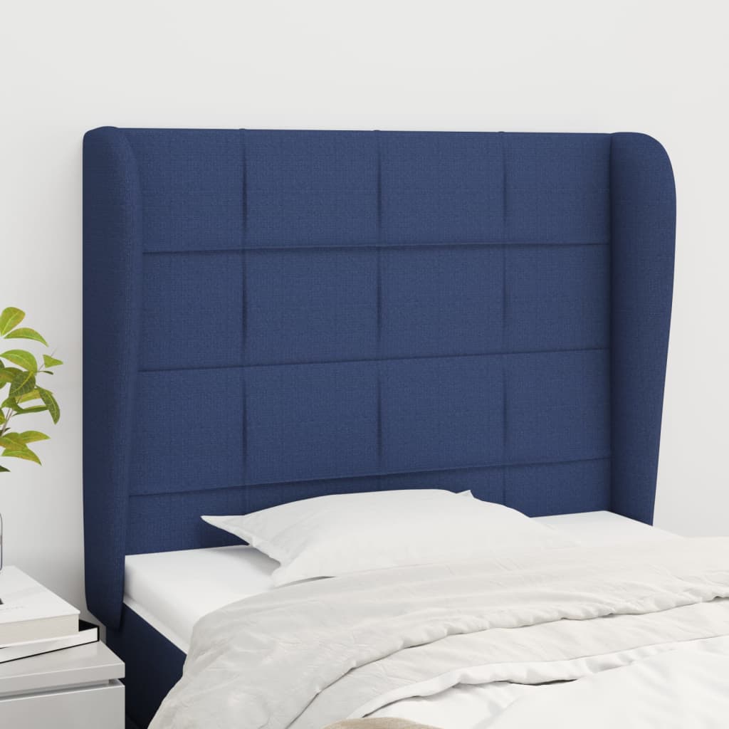 sengegavl med kanter 93x23x118/128 cm stof blå