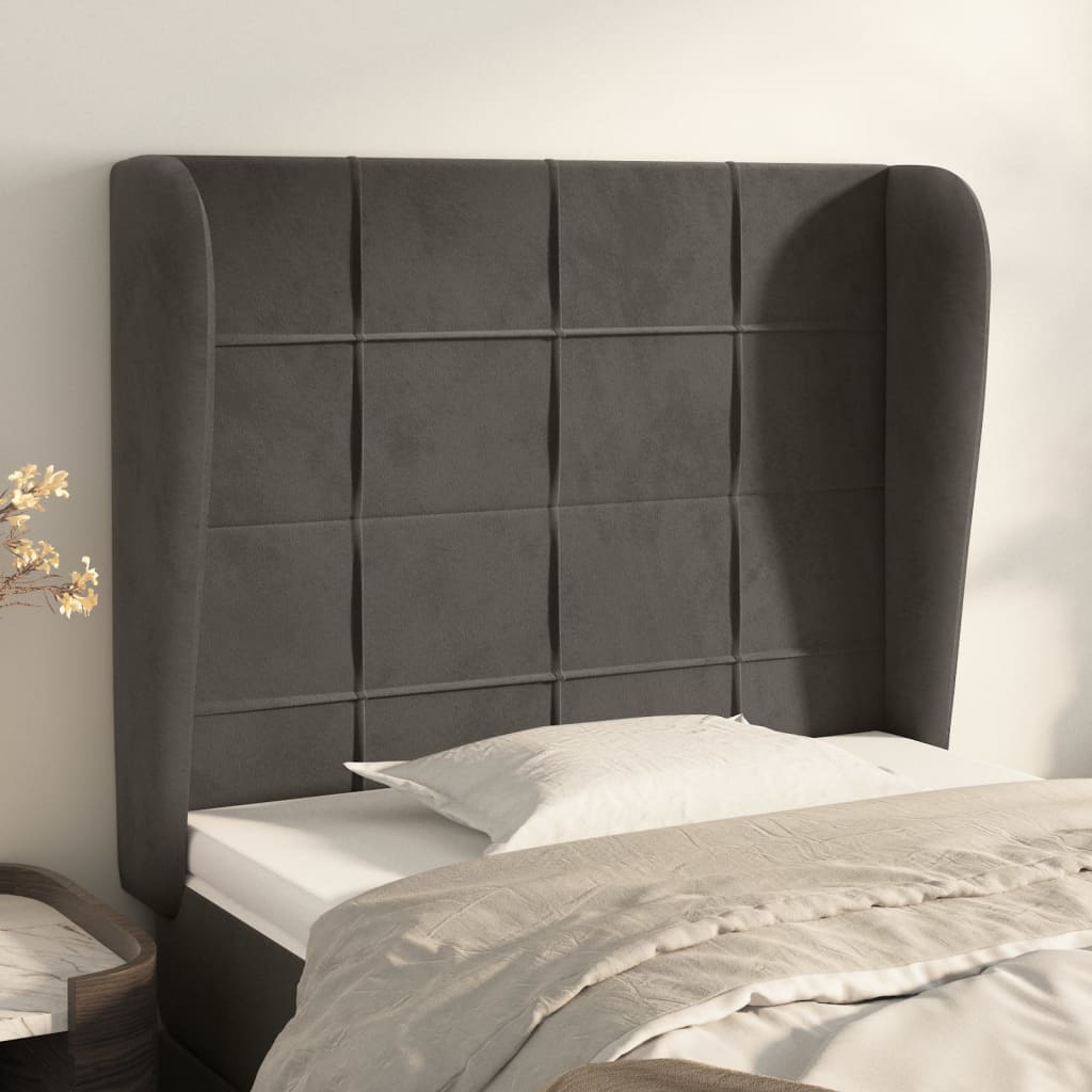 sengegavl med kanter 103x23x118/128 cm fløjl mørkegrå