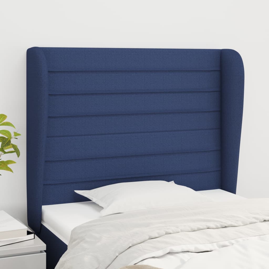 sengegavl med kanter 83x23x118/128 cm stof blå