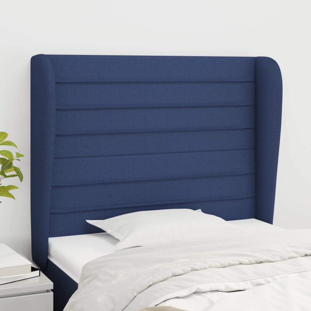 sengegavl med kanter 93x23x118/128 cm stof blå