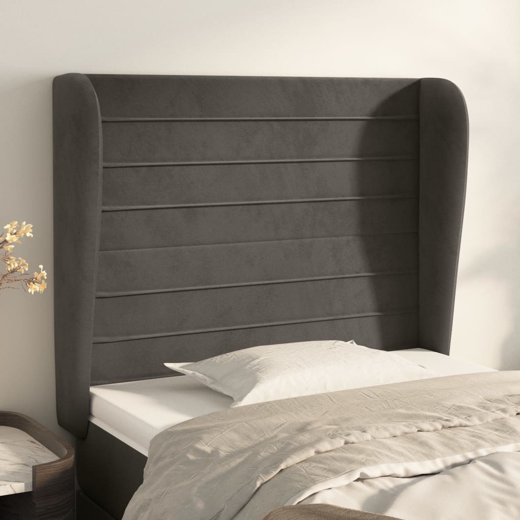sengegavl med kanter 103x23x118/128 cm fløjl mørkegrå