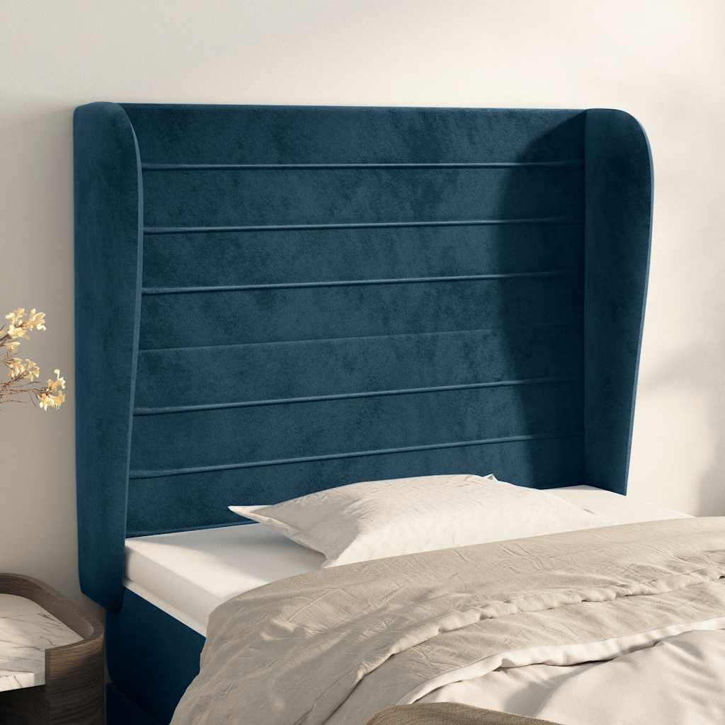 sengegavl med kanter 103x23x118/128 cm fløjl mørkeblå