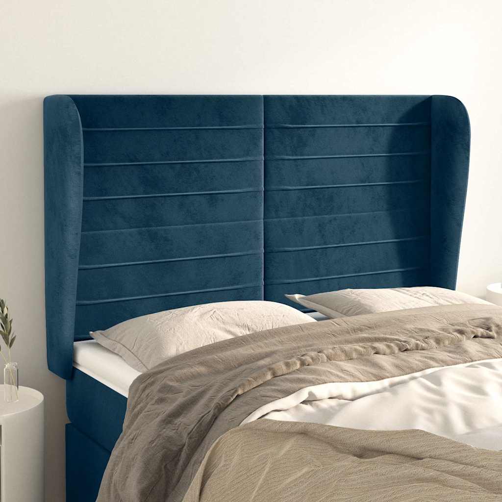 sengegavl med kanter 147x23x118/128 cm fløjl mørkeblå