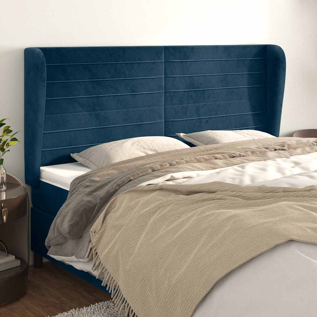 sengegavl med kanter 163x23x118/128 cm fløjl mørkeblå