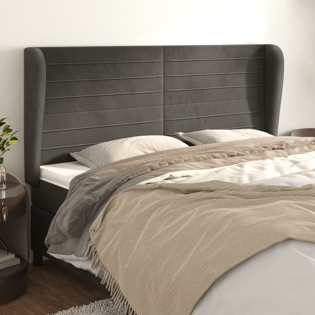 sengegavl med kanter 203x23x118/128 cm fløjl mørkegrå