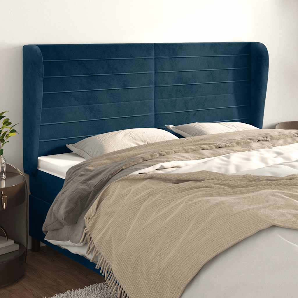 sengegavl med kanter 203x23x118/128 cm fløjl mørkeblå