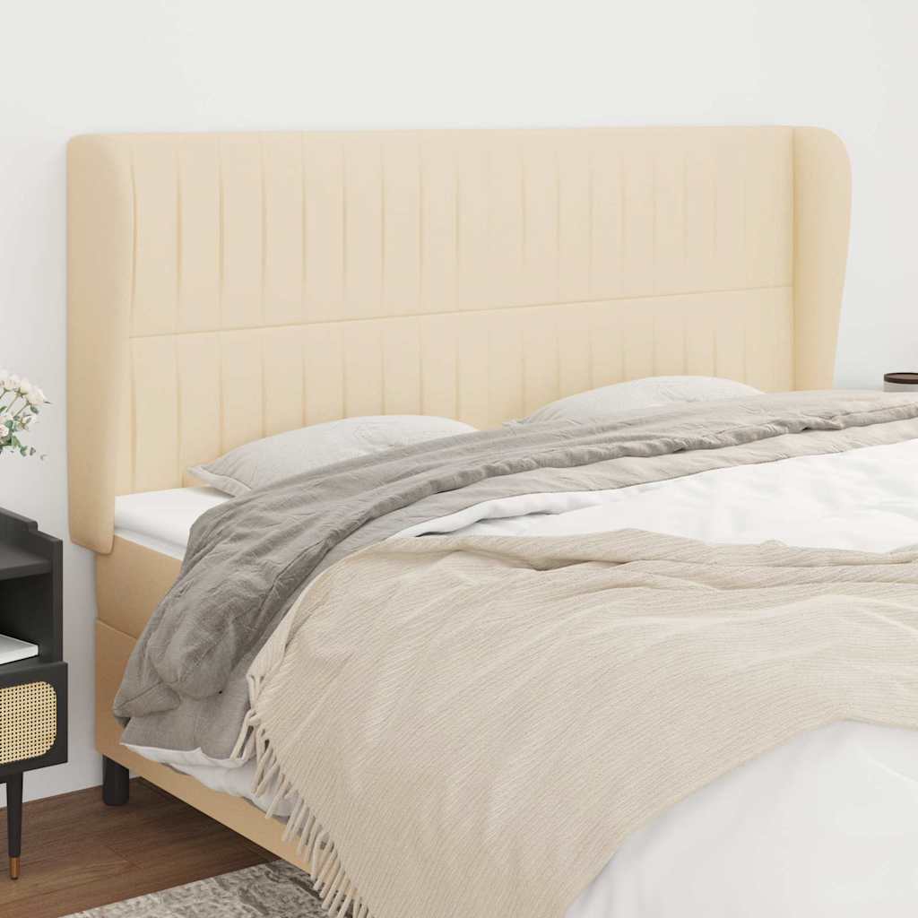 sengegavl med kanter 163x23x118/128 cm stof cremefarvet