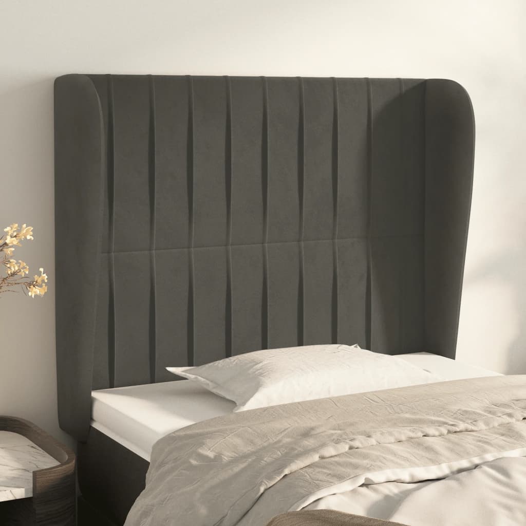 sengegavl med kanter 83x23x118/128 cm fløjl mørkegrå