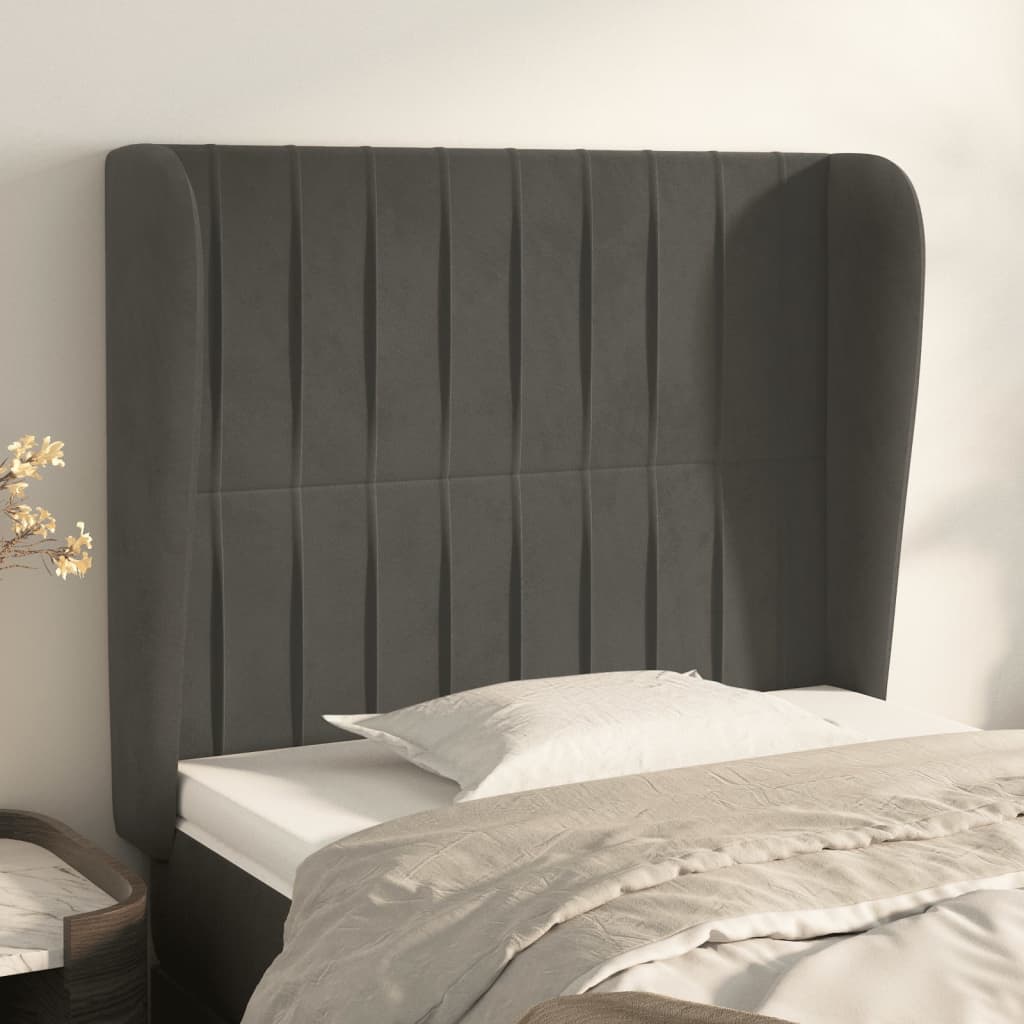 sengegavl med kanter 93x23x118/128 cm fløjl mørkegrå