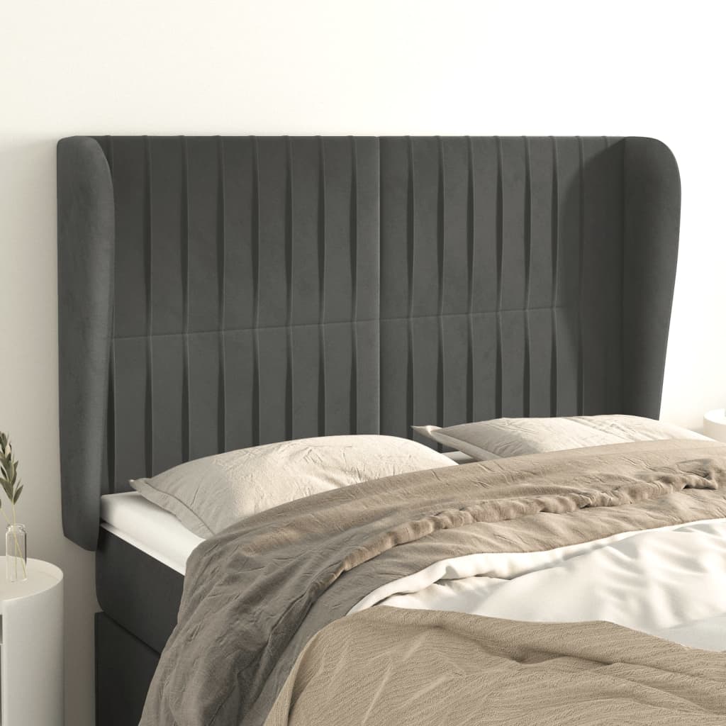 sengegavl med kanter 147x23x118/128 cm fløjl mørkegrå