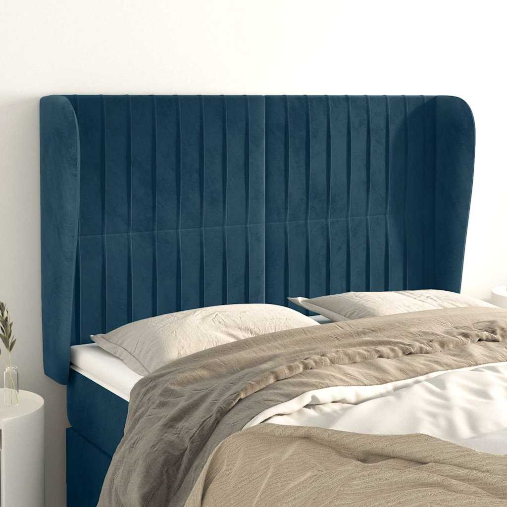 sengegavl med kanter 147x23x118/128 cm fløjl mørkeblå