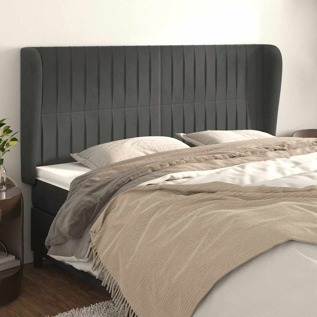 sengegavl med kanter 163x23x118/128 cm fløjl mørkegrå