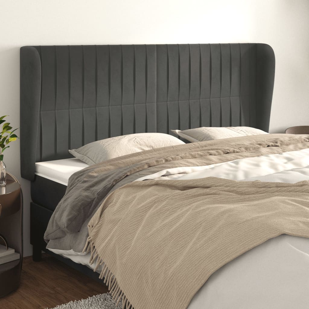 sengegavl med kanter 203x23x118/128 cm fløjl mørkegrå