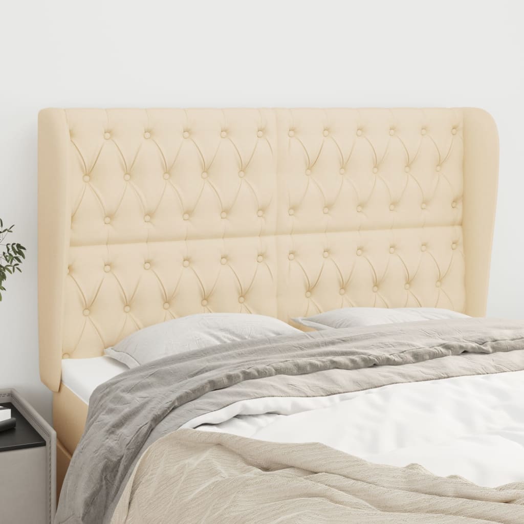 sengegavl med kanter 147x23x118/128 cm stof cremefarvet