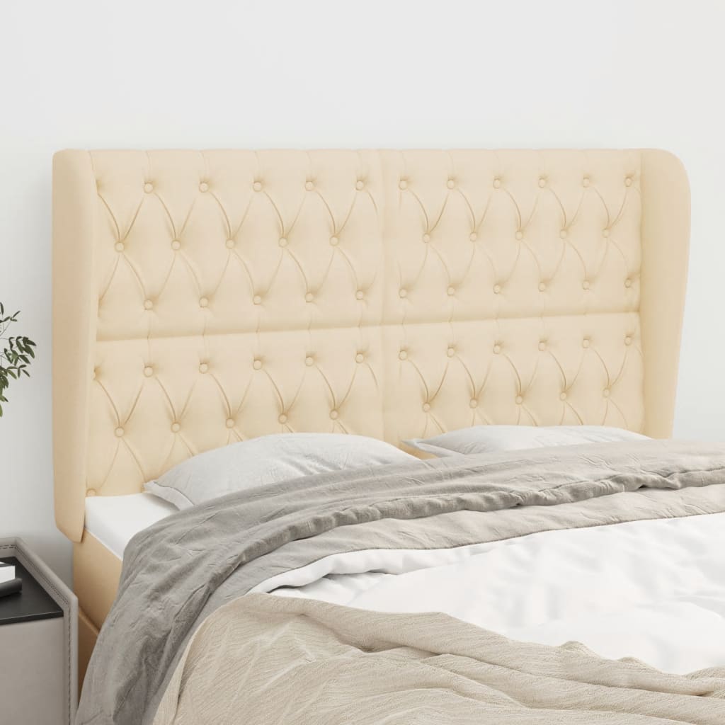 sengegavl med kanter 163x23x118/128 cm stof cremefarvet
