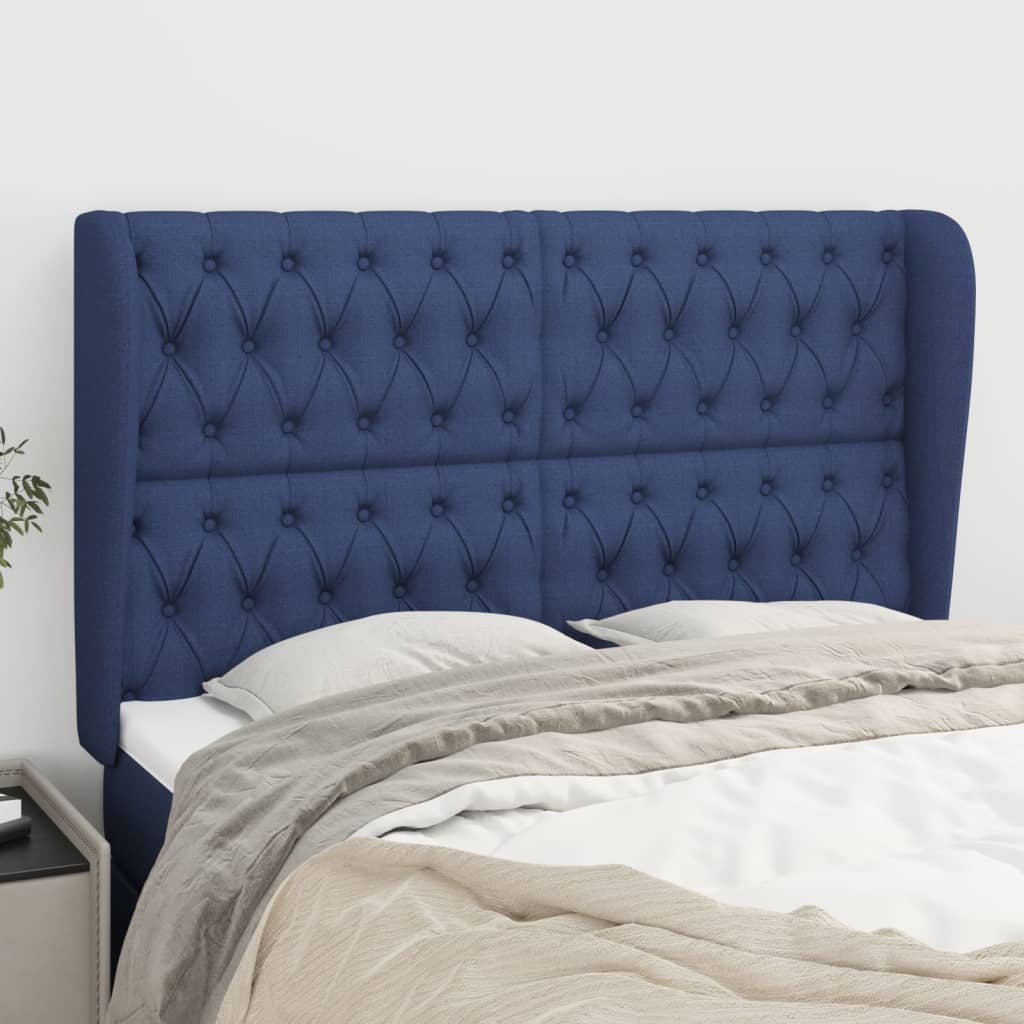 sengegavl med kanter 163x23x118/128 cm stof blå