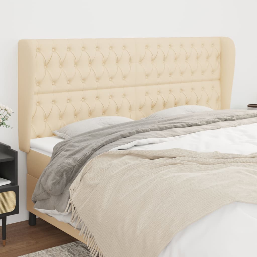 sengegavl med kanter 183x23x118/128 cm stof cremefarvet