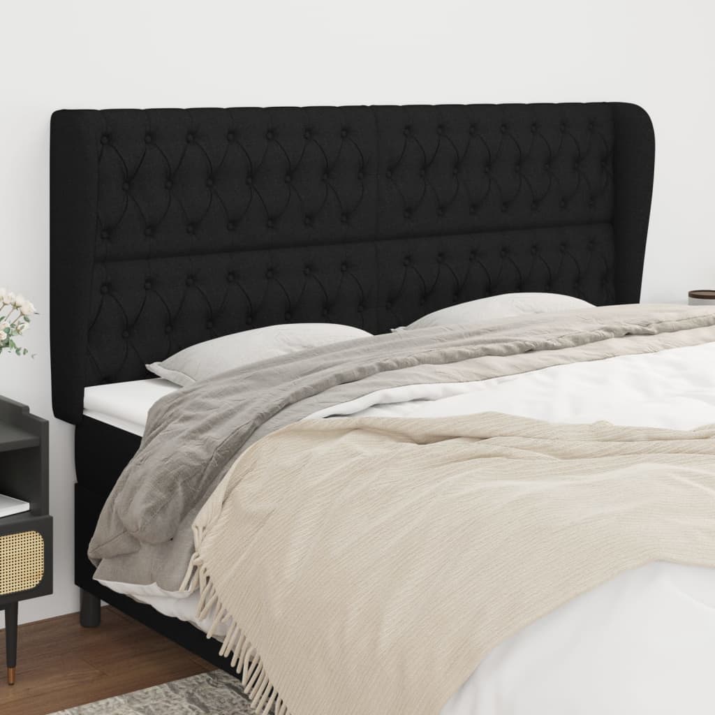 sengegavl med kanter 203x23x118/128 cm stof sort