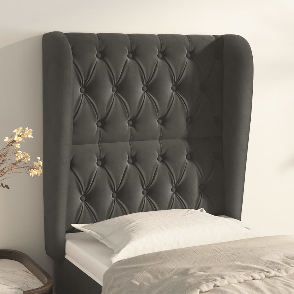 sengegavl med kanter 83x23x118/128 cm fløjl mørkegrå