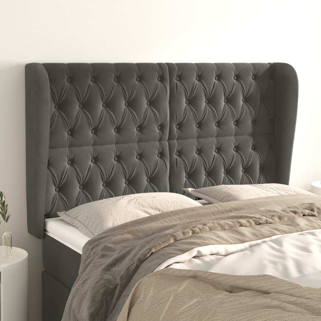 sengegavl med kanter 147x23x118/128 cm fløjl mørkegrå